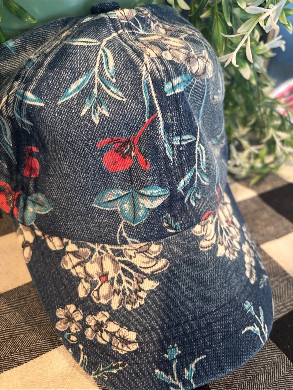 Floral Denim Baseball Cap - Blue with Red & Cream Accents - Picture 2 of 4